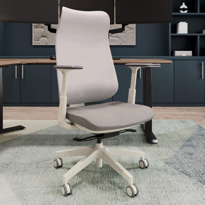 Cloud white Vari Align office chair with Alloy Grey mesh back and seat cushion, adjustable armrests, and five-caster base, shown in front of a wood desk with dual monitors. image number null